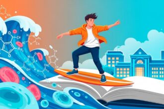 Ilustração de um jovem surfando sobre um livro aberto que flutua em uma onda gigante de água azul. A onda contém fórmulas químicas e células biológicas. Ao fundo, vê-se um prédio escolar clássico sob um céu claro, simbolizando a jornada dinâmica pelo conhecimento científico.