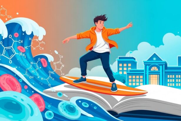 Ilustração de um jovem surfando sobre um livro aberto que flutua em uma onda gigante de água azul. A onda contém fórmulas químicas e células biológicas. Ao fundo, vê-se um prédio escolar clássico sob um céu claro, simbolizando a jornada dinâmica pelo conhecimento científico.