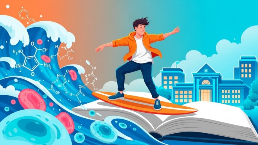 Ilustração de um jovem surfando sobre um livro aberto que flutua em uma onda gigante de água azul. A onda contém fórmulas químicas e células biológicas. Ao fundo, vê-se um prédio escolar clássico sob um céu claro, simbolizando a jornada dinâmica pelo conhecimento científico.