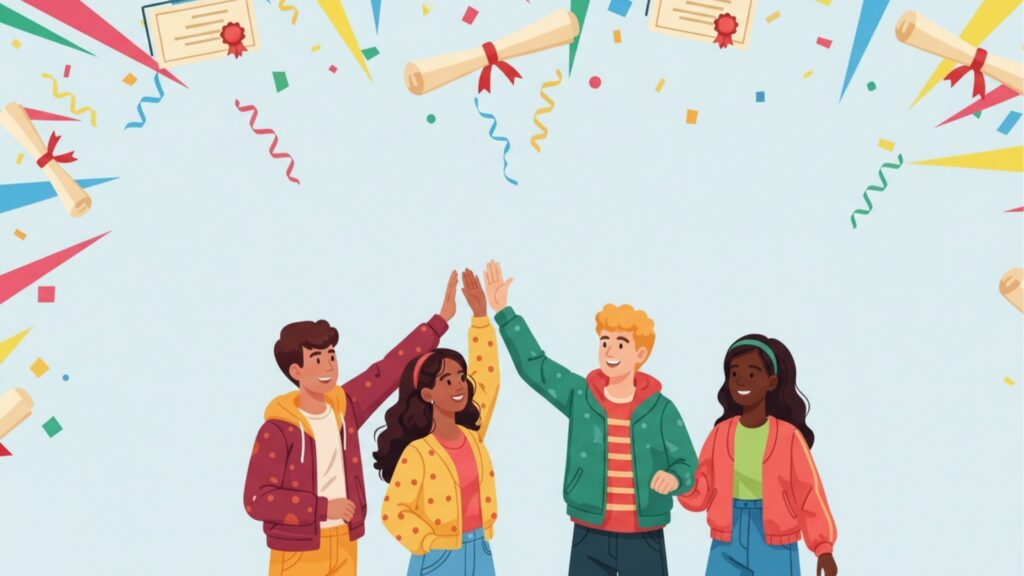 Ilustração de quatro jovens de diferentes etnias sorrindo e celebrando juntos. Três deles estão com as mãos erguidas em um "high five". O fundo é azul-claro, decorado com confetes coloridos e diplomas enrolados com fitas vermelhas, simbolizando a formatura e o sucesso escolar.