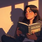 Ilustração de uma jovem lendo um livro de "Biologia" enquanto descansa em um sofá. A luz quente do pôr do sol entra pela janela, criando sombras longas na parede ao fundo e transmitindo uma sensação de paz e dedicação aos estudos.