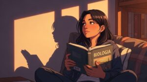 Ilustração de uma jovem lendo um livro de "Biologia" enquanto descansa em um sofá. A luz quente do pôr do sol entra pela janela, criando sombras longas na parede ao fundo e transmitindo uma sensação de paz e dedicação aos estudos.