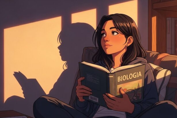 Ilustração de uma jovem lendo um livro de "Biologia" enquanto descansa em um sofá. A luz quente do pôr do sol entra pela janela, criando sombras longas na parede ao fundo e transmitindo uma sensação de paz e dedicação aos estudos.