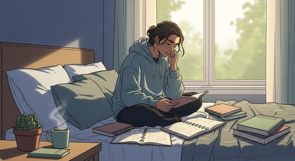 Desenho de um estudante sentado de pernas cruzadas na cama, cercado por diversos livros e cadernos abertos. A luz da manhã entra pela janela, e há uma caneca de café e uma planta na mesa de cabeceira, criando um ambiente de estudo matinal aconchegante.