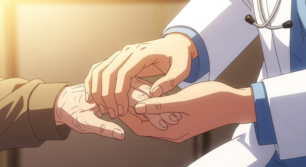 Close-up detalhado das mãos de um médico, vestindo jaleco branco e estetoscópio, segurando com gentileza e cuidado as mãos de um paciente idoso. A imagem foca na empatia e no lado humano da medicina, sob uma luz suave.