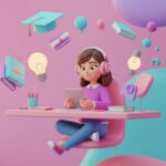 Personagem 3D de uma estudante sentada à uma mesa rosa, usando fones de ouvido e segurando um tablet. Ao redor dela, flutuam objetos educacionais como um capelo (chapéu de formatura), livros, lâmpadas acesas e ícones de chat, tudo em um ambiente de cores pastéis.