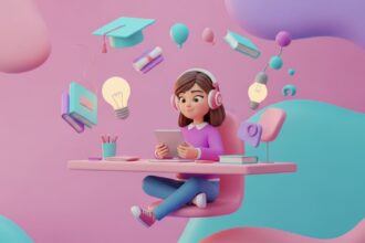 Personagem 3D de uma estudante sentada à uma mesa rosa, usando fones de ouvido e segurando um tablet. Ao redor dela, flutuam objetos educacionais como um capelo (chapéu de formatura), livros, lâmpadas acesas e ícones de chat, tudo em um ambiente de cores pastéis.