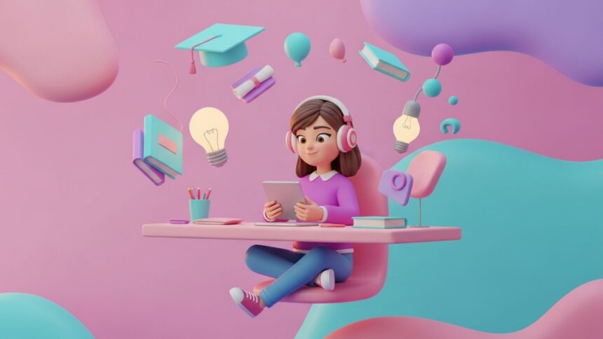 Personagem 3D de uma estudante sentada à uma mesa rosa, usando fones de ouvido e segurando um tablet. Ao redor dela, flutuam objetos educacionais como um capelo (chapéu de formatura), livros, lâmpadas acesas e ícones de chat, tudo em um ambiente de cores pastéis.