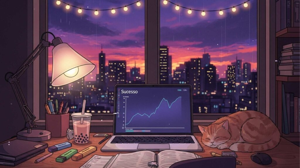 Ilustração aconchegante no estilo "lo-fi" de uma mesa de estudos à noite. Um notebook exibe um gráfico de crescimento com a palavra "Sucesso". Há uma luminária acesa, um copo de bubble tea, livros e um gato laranja dormindo ao lado do computador. Pela janela, vê-se as luzes de uma cidade e um céu arroxeado.