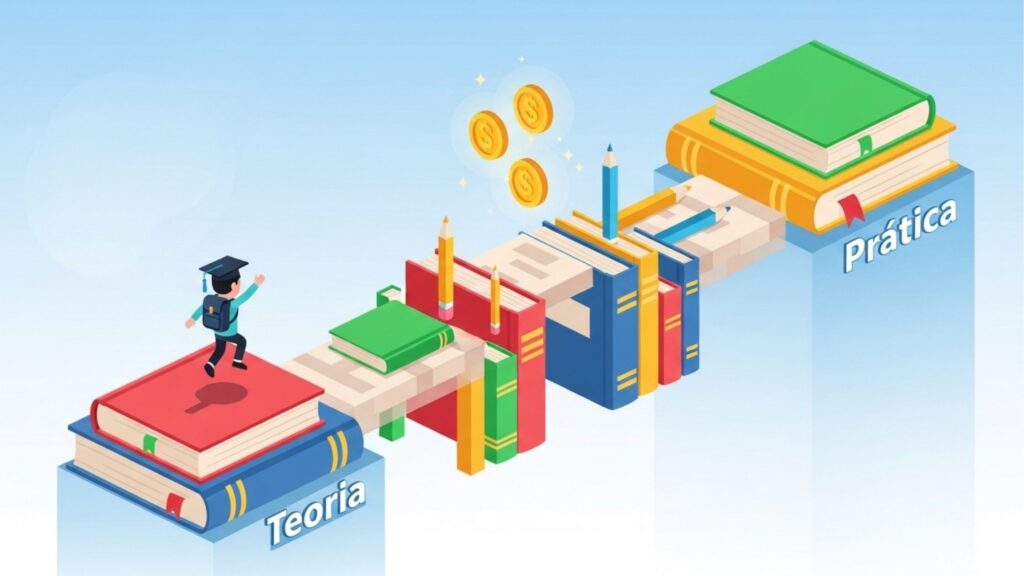 Infográfico isométrico mostrando um estudante com mochila e capelo caminhando sobre uma ponte feita de livros gigantes. A ponte liga duas plataformas: uma escrita "Teoria" e outra "Prática". Acima da ponte, flutuam moedas de ouro e lápis, representando o investimento e o progresso no aprendizado.