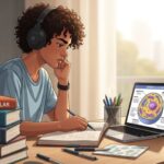Ilustração de um jovem de cabelos cacheados estudando concentrado em uma mesa iluminada pela luz solar. Ele usa fones de ouvido e escreve em um caderno. No notebook à sua frente, há o diagrama de uma célula. Pilhas de livros de "Biologia Molecular" e "Genética" estão à esquerda, e uma caneca de café fumegante à direita.