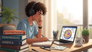 Ilustração de um jovem de cabelos cacheados estudando concentrado em uma mesa iluminada pela luz solar. Ele usa fones de ouvido e escreve em um caderno. No notebook à sua frente, há o diagrama de uma célula. Pilhas de livros de "Biologia Molecular" e "Genética" estão à esquerda, e uma caneca de café fumegante à direita.