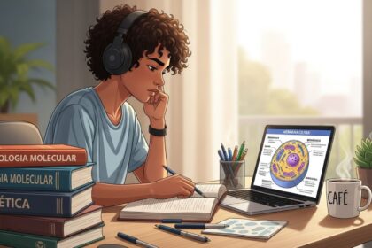 Ilustração de um jovem de cabelos cacheados estudando concentrado em uma mesa iluminada pela luz solar. Ele usa fones de ouvido e escreve em um caderno. No notebook à sua frente, há o diagrama de uma célula. Pilhas de livros de "Biologia Molecular" e "Genética" estão à esquerda, e uma caneca de café fumegante à direita.