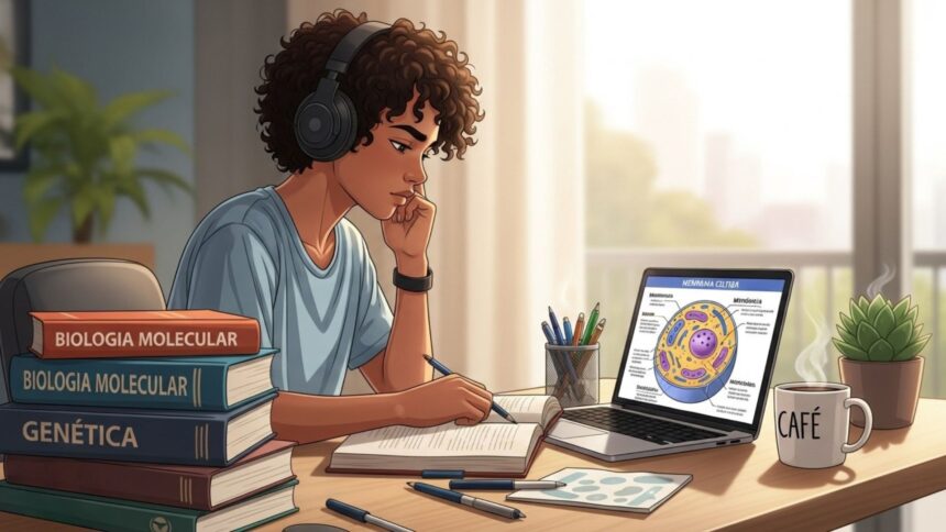 Ilustração de um jovem de cabelos cacheados estudando concentrado em uma mesa iluminada pela luz solar. Ele usa fones de ouvido e escreve em um caderno. No notebook à sua frente, há o diagrama de uma célula. Pilhas de livros de "Biologia Molecular" e "Genética" estão à esquerda, e uma caneca de café fumegante à direita.