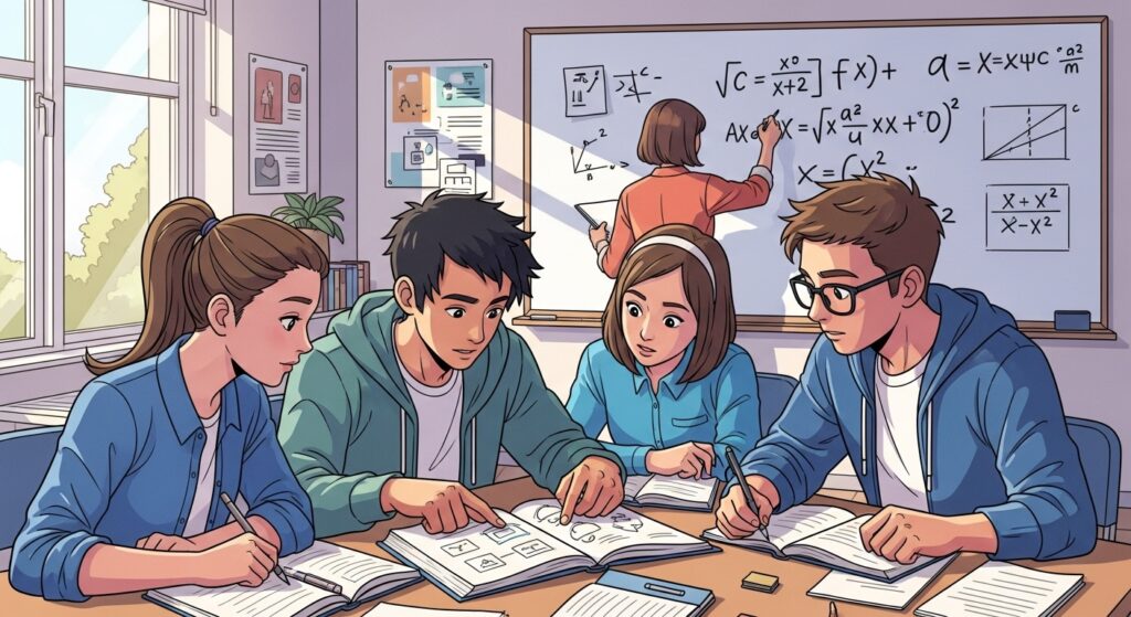 Desenho de quatro estudantes em uma sala de aula colaborando em grupo ao redor de uma mesa com livros abertos. Ao fundo, uma professora escreve fórmulas matemáticas complexas e gráficos em um grande quadro branco. A cena transmite um ambiente de aprendizado ativo.
