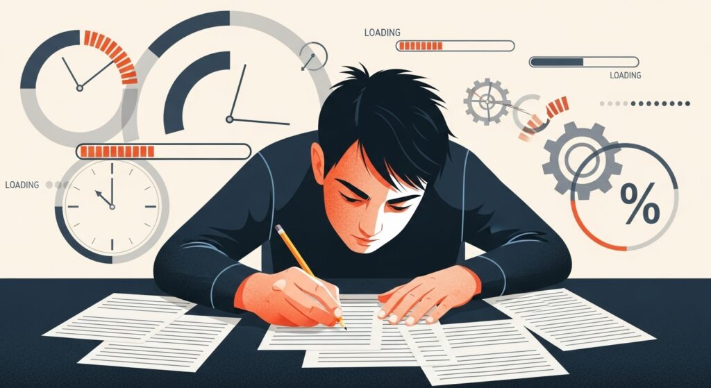 Ilustração conceitual de um estudante focado em escrever sobre várias folhas de papel. O fundo branco é decorado com elementos gráficos cinzas e laranjas que remetem à gestão de tempo e produtividade: relógios, engrenagens, símbolos de porcentagem e barras de carregamento com a palavra "LOADING".