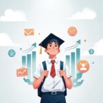 Ilustração centralizada de um estudante sorridente vestindo uniforme escolar e um capelo de formatura preto. Ele olha para cima com otimismo. Ao seu redor, flutuam ícones coloridos de gráficos de barras, setas de crescimento, envelopes e perfis de usuários, tudo emoldurado por nuvens brancas e estilizadas sobre um fundo azul-claro.