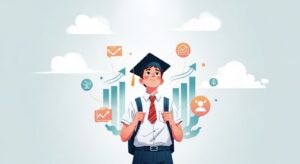 Ilustração centralizada de um estudante sorridente vestindo uniforme escolar e um capelo de formatura preto. Ele olha para cima com otimismo. Ao seu redor, flutuam ícones coloridos de gráficos de barras, setas de crescimento, envelopes e perfis de usuários, tudo emoldurado por nuvens brancas e estilizadas sobre um fundo azul-claro.