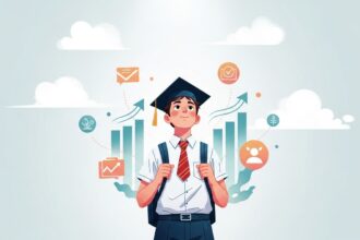 Ilustração centralizada de um estudante sorridente vestindo uniforme escolar e um capelo de formatura preto. Ele olha para cima com otimismo. Ao seu redor, flutuam ícones coloridos de gráficos de barras, setas de crescimento, envelopes e perfis de usuários, tudo emoldurado por nuvens brancas e estilizadas sobre um fundo azul-claro.