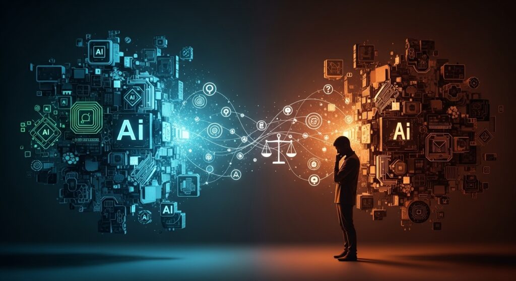 Composição digital sobre inteligência artificial dividida em duas cores. À esquerda, uma massa de circuitos azul neon com o texto "AI". À direita, uma massa similar em tons de laranja. No centro, a silhueta de um homem pensativo observa um ícone iluminado de uma balança de justiça, simbolizando os dilemas éticos da tecnologia.
