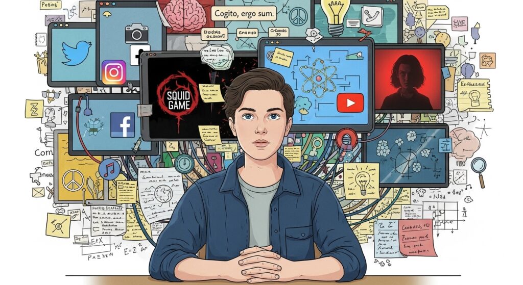 Desenho de um jovem rapaz sentado à frente de uma parede repleta de telas e monitores. As telas exibem logotipos de redes sociais (Twitter, Instagram, Facebook), cenas da série "Squid Game", ícones do YouTube e diagramas científicos. Acima dele, um balão de fala diz "Cogito, ergo sum" (Penso, logo existo).