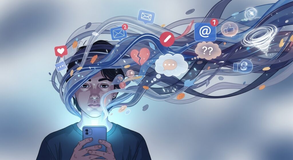 Ilustração expressiva de um jovem segurando um smartphone que emite uma luz azul forte. De sua cabeça e do aparelho, saem ondas de fumaça cinza e azul que carregam diversos ícones de notificações de redes sociais: corações, e-mails, balões de chat, arrobas e um símbolo de furacão, sugerindo sobrecarga digital.