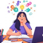 Ilustração vibrante de uma estudante sorridente sentada à sua mesa, apoiando o rosto na mão enquanto imagina ideias. Acima de sua cabeça, uma lâmpada acesa é cercada por formas coloridas contendo símbolos matemáticos e notas musicais. Na mesa, há um notebook roxo com o logo de uma maçã e um porta-canetas cheio.