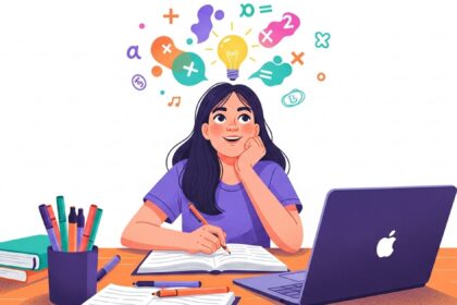 Ilustração vibrante de uma estudante sorridente sentada à sua mesa, apoiando o rosto na mão enquanto imagina ideias. Acima de sua cabeça, uma lâmpada acesa é cercada por formas coloridas contendo símbolos matemáticos e notas musicais. Na mesa, há um notebook roxo com o logo de uma maçã e um porta-canetas cheio.