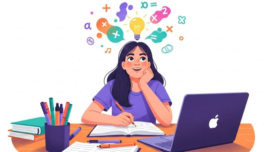Ilustração vibrante de uma estudante sorridente sentada à sua mesa, apoiando o rosto na mão enquanto imagina ideias. Acima de sua cabeça, uma lâmpada acesa é cercada por formas coloridas contendo símbolos matemáticos e notas musicais. Na mesa, há um notebook roxo com o logo de uma maçã e um porta-canetas cheio.
