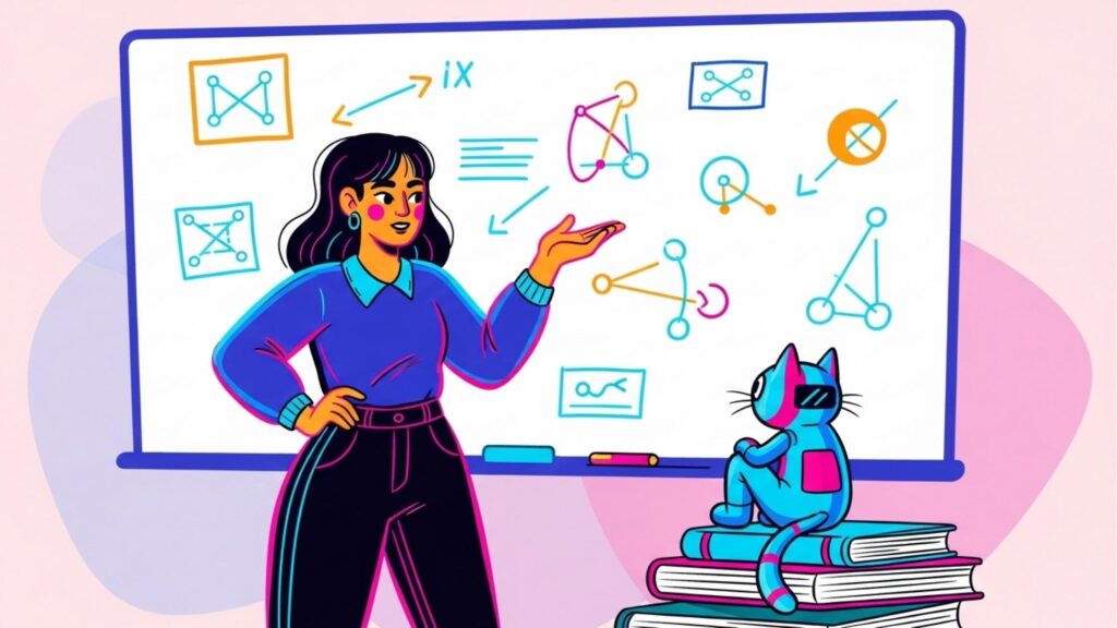 Desenho em cores vibrantes de uma professora em pé em frente a um quadro branco, gesticulando para diagramas de conexões e fórmulas coloridas. À sua frente, um pequeno gato azul usando óculos futuristas está sentado sobre uma pilha de livros, observando a explicação.