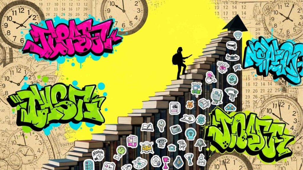 Colagem dinâmica com estética urbana. No centro, a silhueta preta de um estudante sobe uma escada feita de pilhas de livros que levam a um topo em forma de pirâmide. O fundo é amarelo vibrante, decorado com relógios antigos, calendários e palavras em estilo grafite colorido.