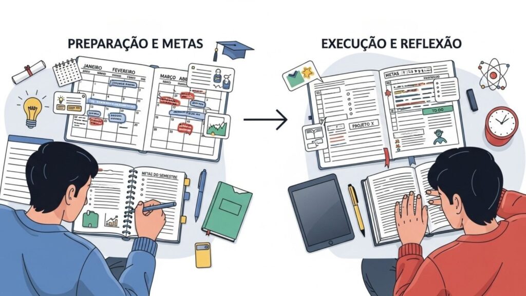 Infográfico dividido em duas partes comparativas. À esquerda, sob o título "PREPARAÇÃO E METAS", um estudante organiza um planner mensal. À direita, sob "EXECUÇÃO E REFLEXÃO", o estudante utiliza um tablet e cadernos preenchidos. Setas indicam o fluxo entre o planejamento e a ação.