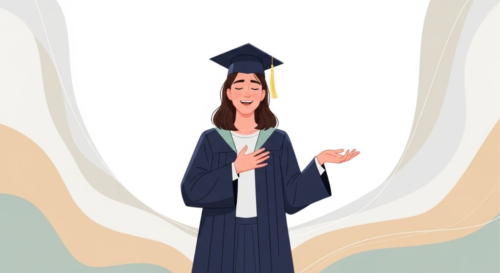 Ilustração minimalista de uma formanda vestindo beca e capelo azul-marinho. Ela sorri com os olhos fechados e uma mão no peito, em um gesto de gratidão e alívio. O fundo possui formas orgânicas suaves em tons de bege e verde-água.