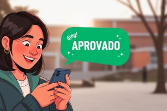 Close-up de uma jovem sorrindo com alegria ao olhar para a tela de seu celular. Sobre o aparelho, surge um balão de fala verde vibrante com a palavra "APROVADO" em letras brancas e o som "ding!". O fundo mostra o pátio desfocado de uma escola ou universidade.