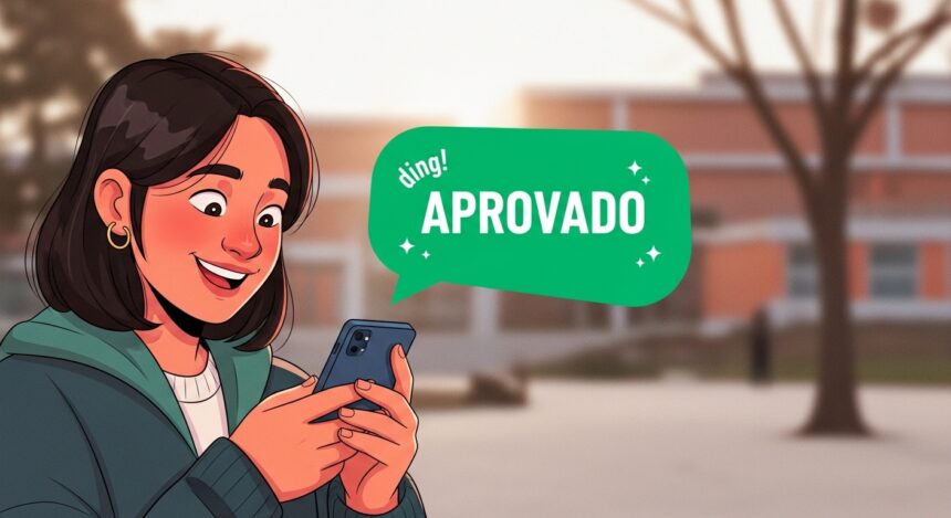 Close-up de uma jovem sorrindo com alegria ao olhar para a tela de seu celular. Sobre o aparelho, surge um balão de fala verde vibrante com a palavra "APROVADO" em letras brancas e o som "ding!". O fundo mostra o pátio desfocado de uma escola ou universidade.
