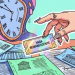 Ilustração surrealista mostrando uma mão com unhas decoradas segurando um ticket escrito "Vaga Remanescente". Ao fundo, um relógio derretido estilo Salvador Dalí e papéis de editais espalhados.