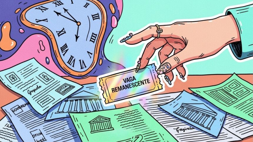 Ilustração surrealista mostrando uma mão com unhas decoradas segurando um ticket escrito "Vaga Remanescente". Ao fundo, um relógio derretido estilo Salvador Dalí e papéis de editais espalhados.