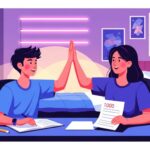 Dois estudantes do ensino médio comemorando com um "high five" em uma mesa de estudos, segurando uma prova com nota 1000.