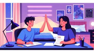 Dois estudantes do ensino médio comemorando com um "high five" em uma mesa de estudos, segurando uma prova com nota 1000.