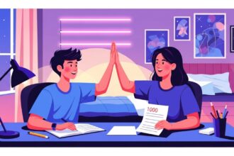 Dois estudantes do ensino médio comemorando com um "high five" em uma mesa de estudos, segurando uma prova com nota 1000.