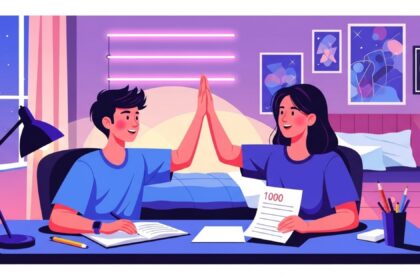 Dois estudantes do ensino médio comemorando com um "high five" em uma mesa de estudos, segurando uma prova com nota 1000.