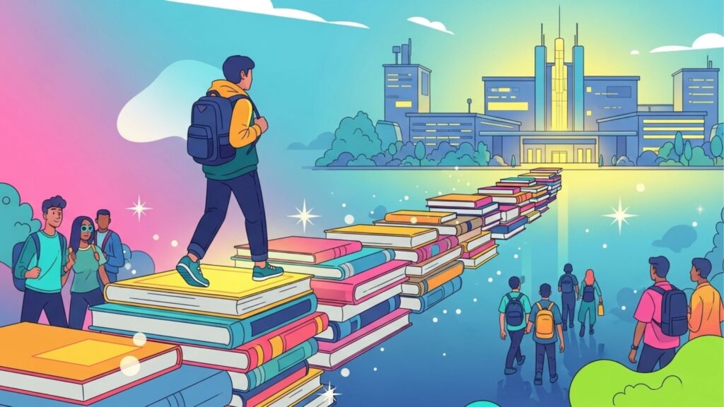 Ilustração de um estudante com mochila caminhando sobre uma ponte feita de livros em direção a uma universidade iluminada ao fundo.