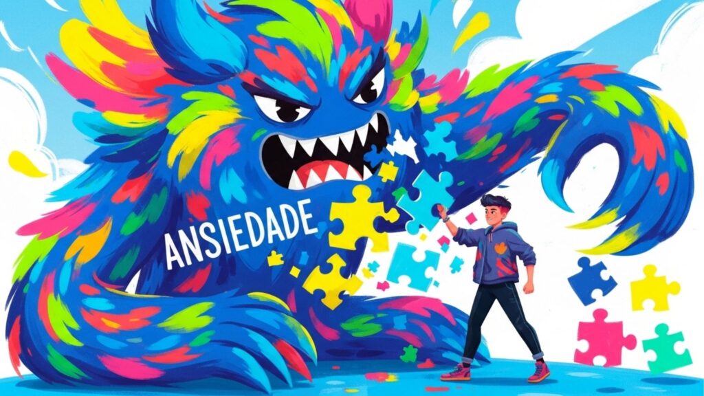 Jovem tentando montar um quebra-cabeça diante de um monstro colorido e gigante que representa a ansiedade, com o texto "Ansiedade" em destaque.