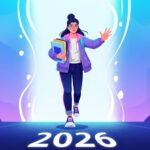 Ilustração de uma estudante segurando livros e acenando, saindo de dentro de uma ampulheta brilhante em direção ao ano "2026" escrito no chão. O fundo possui tons de azul e roxo, sugerindo uma transição para o futuro acadêmico.