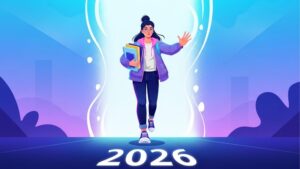 Ilustração de uma estudante segurando livros e acenando, saindo de dentro de uma ampulheta brilhante em direção ao ano "2026" escrito no chão. O fundo possui tons de azul e roxo, sugerindo uma transição para o futuro acadêmico.