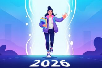 Ilustração de uma estudante segurando livros e acenando, saindo de dentro de uma ampulheta brilhante em direção ao ano "2026" escrito no chão. O fundo possui tons de azul e roxo, sugerindo uma transição para o futuro acadêmico.