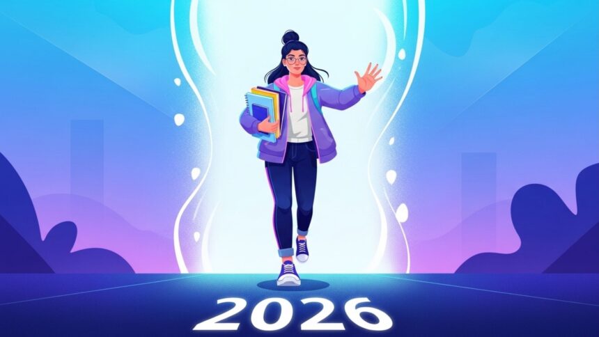 Ilustração de uma estudante segurando livros e acenando, saindo de dentro de uma ampulheta brilhante em direção ao ano "2026" escrito no chão. O fundo possui tons de azul e roxo, sugerindo uma transição para o futuro acadêmico.