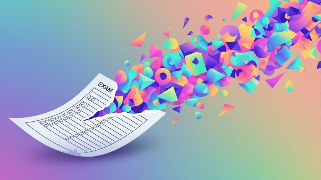 Representação conceitual de uma prova de papel rasgada ao meio, de onde emergem diversas formas geométricas coloridas e tridimensionais (cubos, pirâmides e esferas). A imagem simboliza a transformação do conhecimento formal em criatividade e inovação.