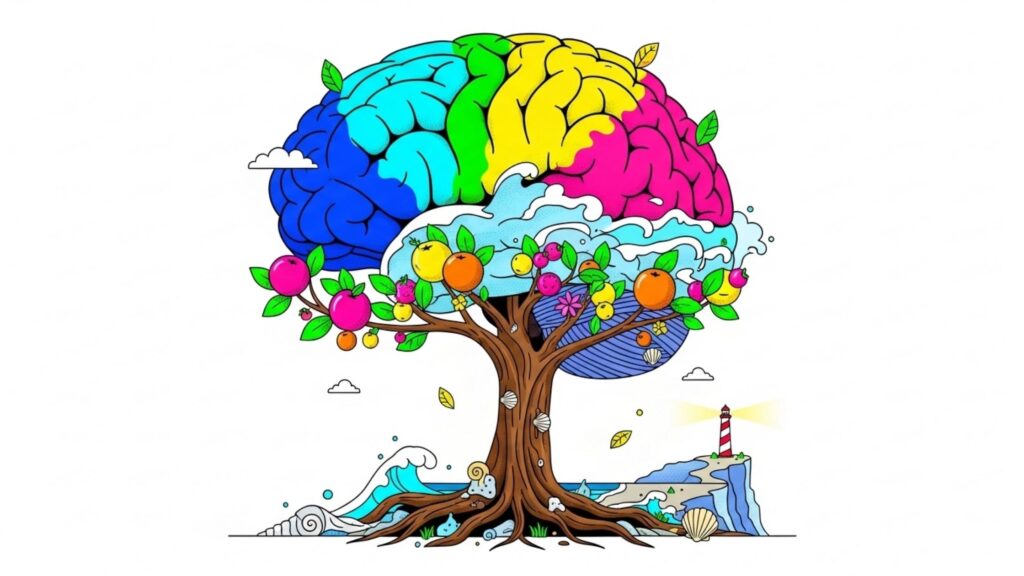 Ilustração colorida de uma árvore cujo topo tem o formato de um cérebro humano dividido em hemisférios vibrantes. A base da árvore está em uma praia com ondas, conchas e um farol ao fundo, unindo conceitos de natureza, mente e aprendizado.