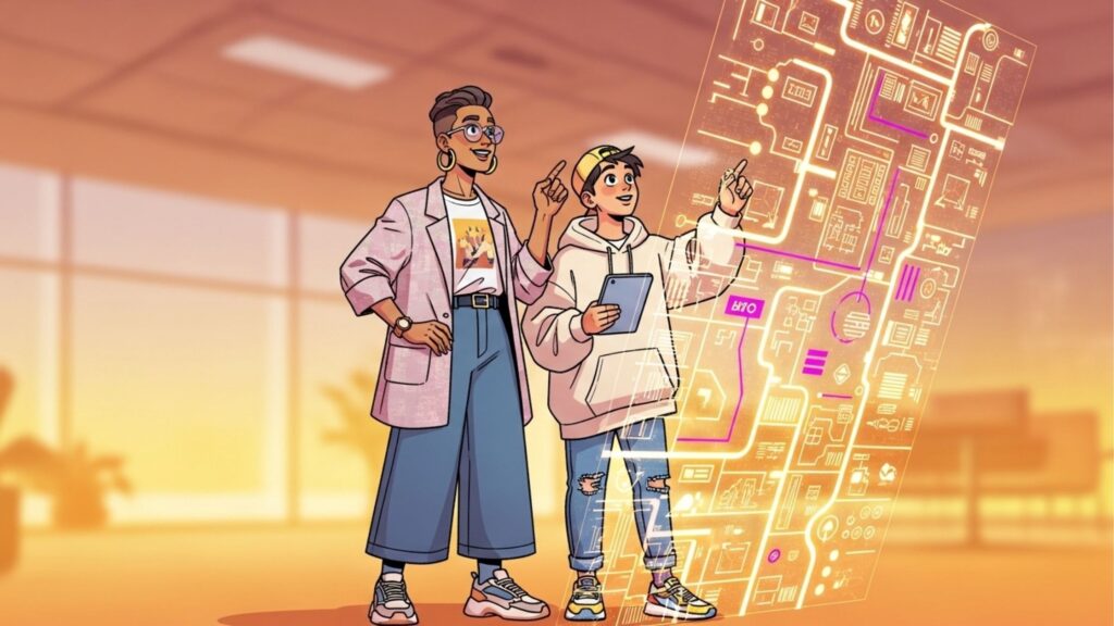 Duas pessoas em estilo cartoon, uma mulher com óculos e um jovem com boné, interagindo com uma tela holográfica flutuante repleta de circuitos e dados digitais. O ambiente tem tons quentes e ensolarados, remetendo a um laboratório de tecnologia moderno.